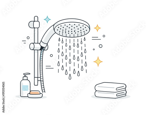 Modern bathroom setup. A newly installed shower head with gentle water drops and abstract sparkle shapes around it. The mood feels fresh,