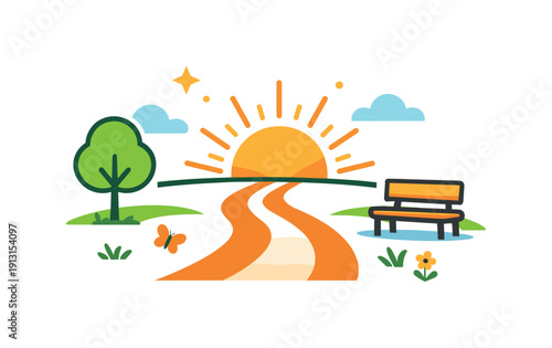 Sunlit Park Pathway. Taking a leisurely walk in the park on a sunny day symbolized by a path leading toward the sun with minimal park elements framing the