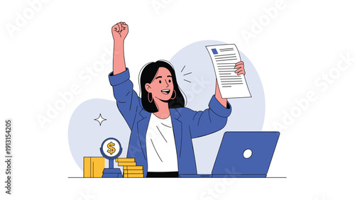 Successful woman raising her fists in celebration while holding an important signed contract or check at her office desk.