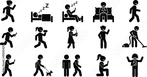 Daily activities people icons, lifestyle silhouettes, walking sleeping reading cleaning habits, routine actions, black vector pictogram set