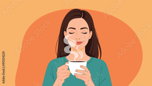 Beautiful young woman with her eyes closed enjoying the aromatic smell of a hot cup of fresh coffee in the morning.