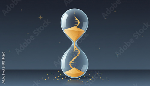 Golden dna hourglass with sand and stars on dark background symbolizing time and genetics