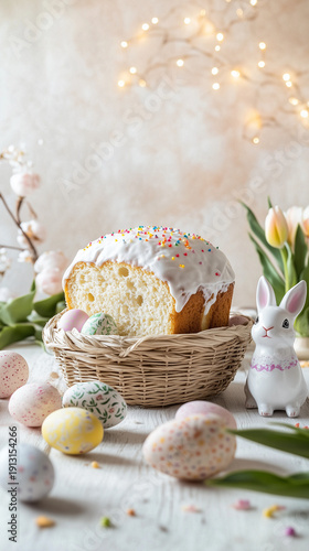Vertical Easter cake in basket with bunny, tulips and pastel eggs, soft light and spring copy space.