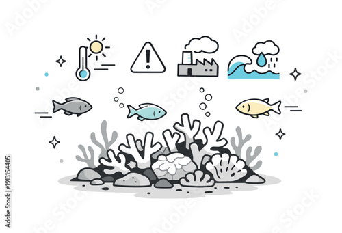 Coral reef damage. Faded corals with a few fish swimming slowly, showing loss of color and life. Soft icons and dots hint at environmental