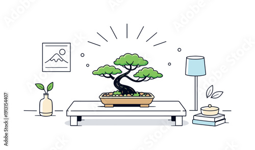 Minimalist Bonsai Serenity. Minimal interior with bonsai. A bonsai tree centered on a low table, open space around and gentle indoor light. Editorial scene