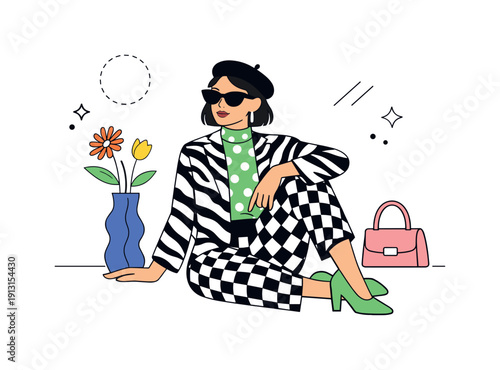 Fashion styling with bold patterns overview. Editorial scene showing a model styled in striking patterned clothing, strong visual rhythm