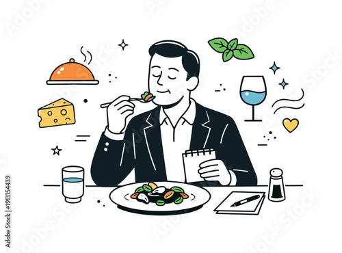 Culinary review at a restaurant. Food critic tasting a dish as subtle icons of taste and aroma float nearby. Friendly, modern editorial scene