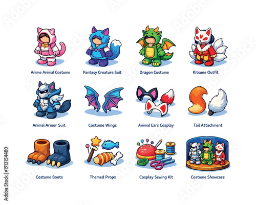 Cosplay animal outfits. Colorful isometric vector icons set of cosplay animal outfits: anime animal costume, fantasy creature suit, dragon