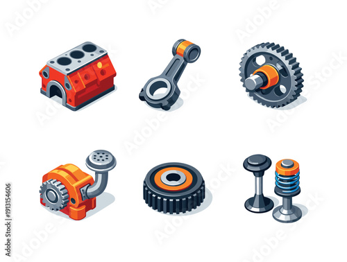 Engine components. Isometric flat vector icons set of engine components: cylinder block, connecting rod, cam gear, oil pump, timing belt