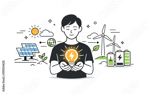 Clean Energy Future. Future of clean energy. A person holding a glowing energy symbol connected to solar panels, wind turbines, and batteries around. Hope,