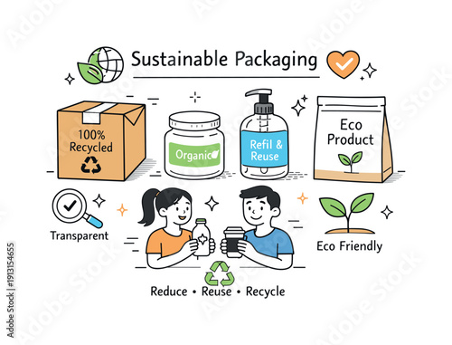 Sustainable packaging design. Clean editorial illustration of eco-friendly packaging made from recycled paper or glass, simple labels and