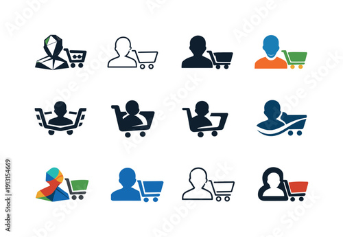 Personalized Shopping Icons. Personalized shopping. Icon set. Set Logo of personalized shopping: user profile with cart. harmonious logo variations of the same