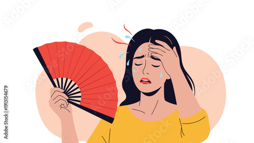 Distressed young woman cooling herself with a red hand fan while sweating during an intense summer heat wave outdoors.