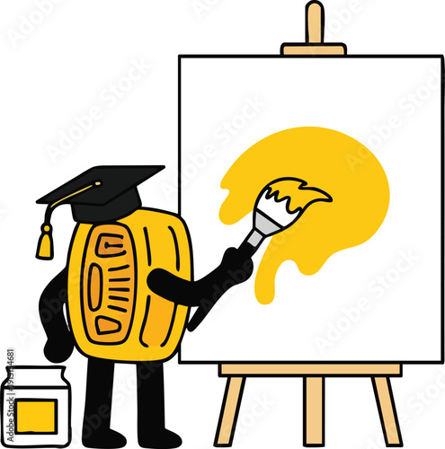 Backpack with Graduation Cap Painting Yellow Paint on Canvas