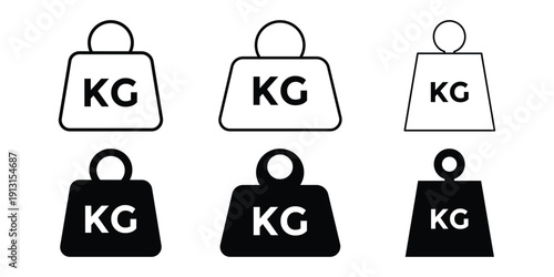 Weight and Kilogram Icon Set, Kettlebell and Dumbbell Symbols in Black and White Flat Vector Design for Measurement and Load Concepts