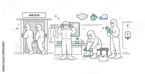 Cleanroom environments. Workers entering through an airlock area, slow and methodical preparation before work. Clean geometry and minimal