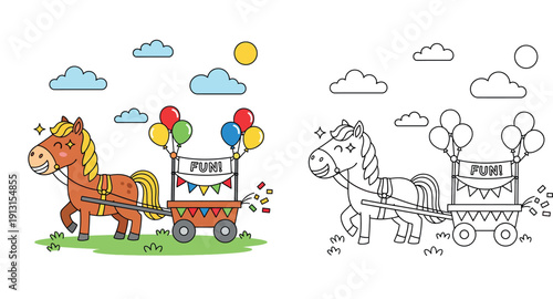 Cute cartoon horse pulling a festive wagon with colorful balloons, bunting flags and confetti