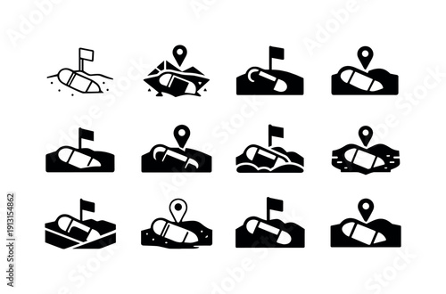 Making a family time capsule to open in the future. Icon set. Set Logo of Making a family time capsule to open in the future: buried capsule