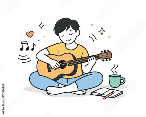 Creative self-expression. A person playing music or crafting with hands, highlighting relaxation, flow, and personal enjoyment. Minimalist