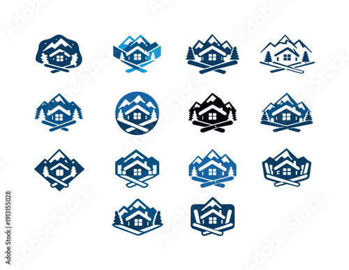 Winter Sports Icon Set. Winter sports tourism (skiing, snowboarding). Icon set. Set Logo of Winter sports tourism (skiing, snowboarding): alpine lodge with