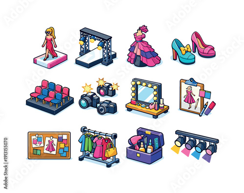 Fashion Icons Extravaganza. Runway fashion. Colorful isometric vector icons set of runway fashion: catwalk model, spotlight stage, haute couture dress,