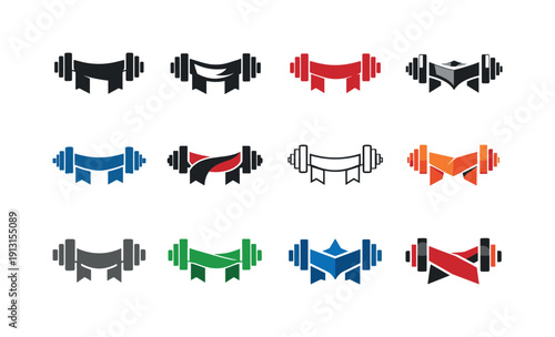 Fitness Milestone Icons. Fitness milestone. Icon set. Set Logo of Fitness milestone: finish line ribbon with weights. harmonious logo variations of the same