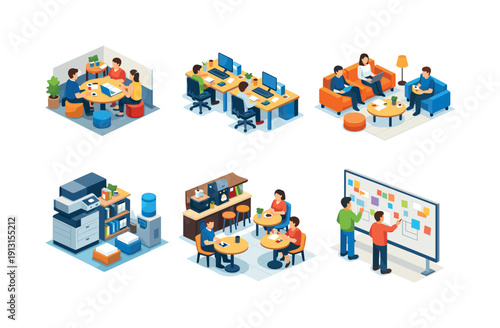 Work from office. Isometric flat vector icons set of work from office: team collaboration corner, open office seating zone, informal meeting