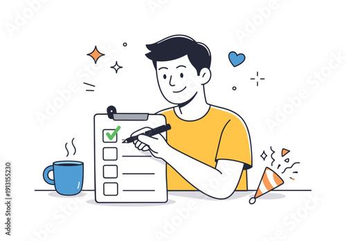 Celebrating small wins. A person marks a completed task with a checkmark, smiling quietly at progress made. Positive reinforcement,