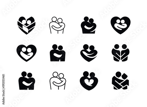 Well-being and mental health awareness. Icon set. Set Logo of well-being and mental health awareness: embracing human figures. harmonious
