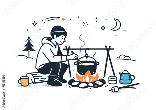 Campfire cooking setups. Camper stirring a pot over glowing embers, calm and mindful cooking process. Soft firelight and minimal forest
