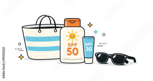 Sun protection products for beach. Sunscreen, lip balm with SPF, and sunglasses placed next to a beach bag. The scene suggests preparation,