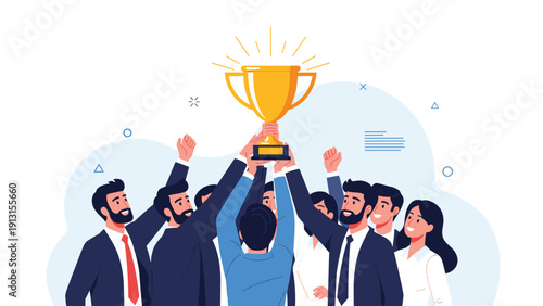 Successful business team raising a golden winner trophy together to celebrate their collective achievement and victory.