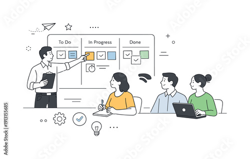 Effective team management. A manager organizing tasks on a board while team members follow along, calm and structured workflow. Clean