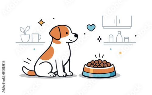 Dog breakfast time. A dog sitting patiently next to a filled food bowl in the kitchen. Calm obedience, cozy home morning