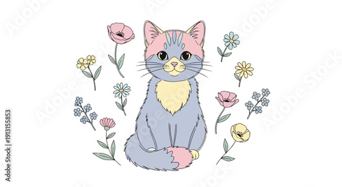 Cute gray and cream cat surrounded by delicate colorful flowers.