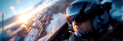A professional aviator pilots a fighter jet above the clouds