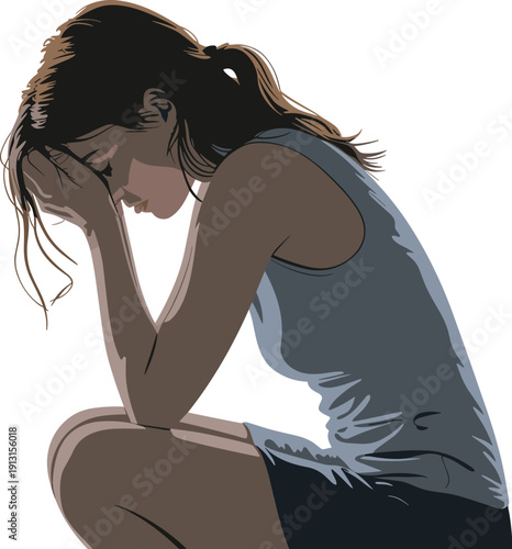 A woman in a moment of despair symbolized by her head in hands against a stark people vector on white background.
