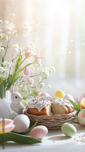 Vertical Easter cake with bunny, pastel eggs and spring flowers, soft daylight and airy copy space.