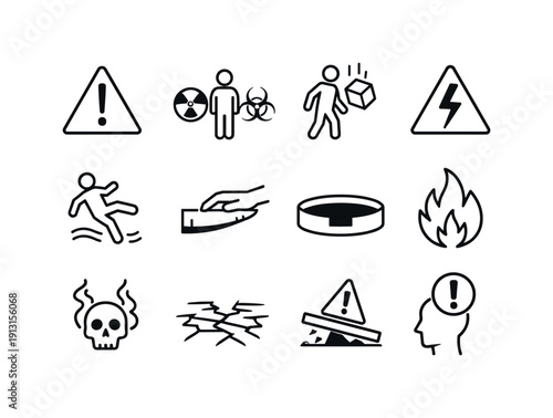 Exposure to Danger. Line icon set of Exposure to Danger: warning sign, person in hazard zone, falling object risk, electrical danger,