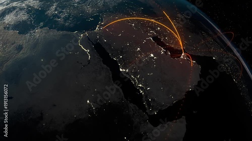 Dubai Earth flight path Globe Planet connecting country Dubai airport network. Rotating Earth. Day Night City light out of space 3d Animation