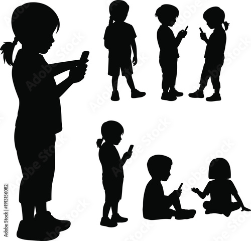 Set of black silhouettes of diverse children and toddlers using smartphones and mobile devices isolated on white background representing technology addiction and digital upbringing