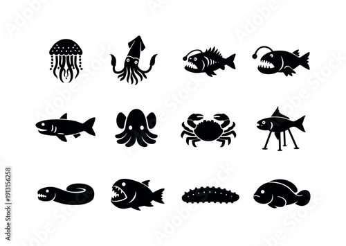 Submarine Creatures. Solid icon set of Submarine Creatures: bioluminescent jellyfish, colossal squid, dragonfish, viperfish, cookiecutter