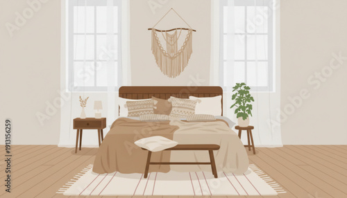 Cozy beige bedroom with wooden furniture and macrame wall hanging natural light pouring in through two large windows