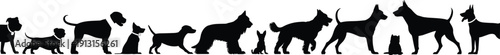 Large collection of black silhouettes of different dog breeds and sizes isolated on white background representing pet variety canine diversity veterinary care and animals