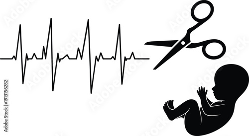 Black silhouette concept of human life showing a heartbeat line being cut by scissors above a small fetus representing abortion medical ethics and life