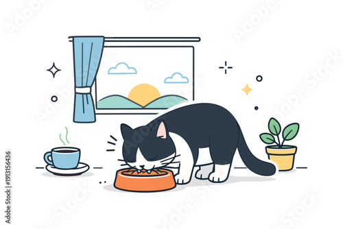 Cat morning routine. A cat eating from a bowl near a window with soft daylight. Peaceful domestic moment, quiet start to the day. Minimalist