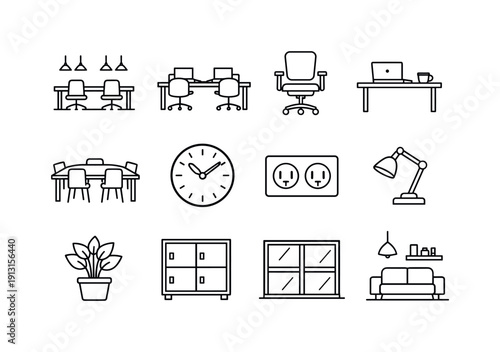 Coworking Space. Line icon set of Coworking Space: open workspace, shared desk, office chair, laptop desk, meeting table, wall clock, power