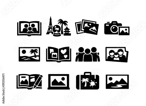 Travel memories. Solid icon set of Travel memories: family photo album, souvenir collection, travel postcards, camera vacation shots, memory