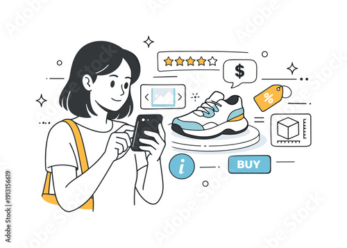 AR product visualization. A shopper exploring a virtual product preview through a phone camera, focused and curious. Floating interface