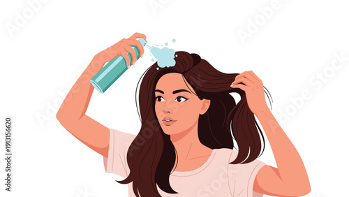 Young woman applying dry shampoo spray to her hair to keep it looking clean and fresh between regular washings.